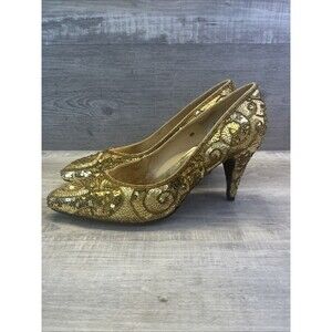 Gold Sequin Pointy Toe Heeled Shoes Womens Size 8 Pumps Caparros Vintage